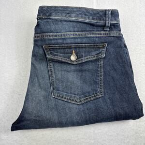 Banana Republic Jeans Womens 32L Blue Denim Flare Leg Flap Pockets Low Dark Wash